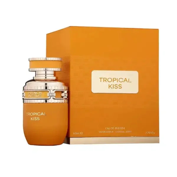 Tropical Kiss Eau de Parfum Flakon und Parfumverpackung in elegantem Orange für Damen und Herren