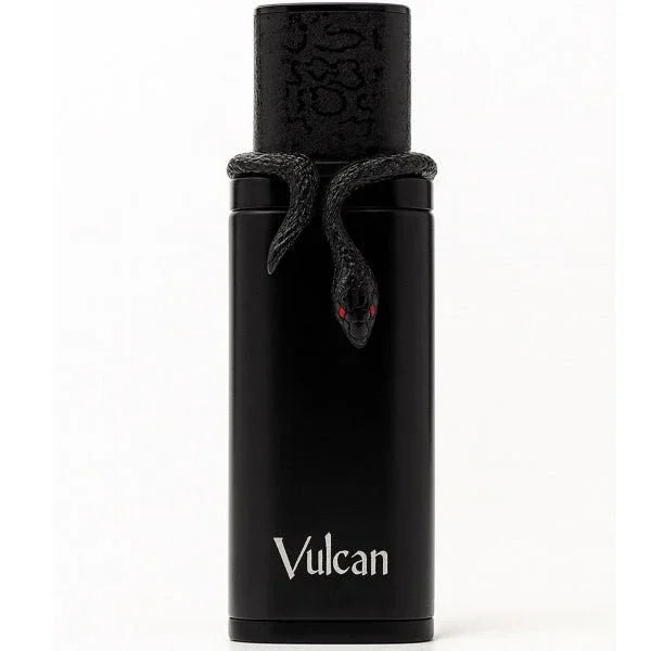 Schwarzer Luxus-Parfumflakon mit Schlangendekor und silberner Aufschrift Vulcan