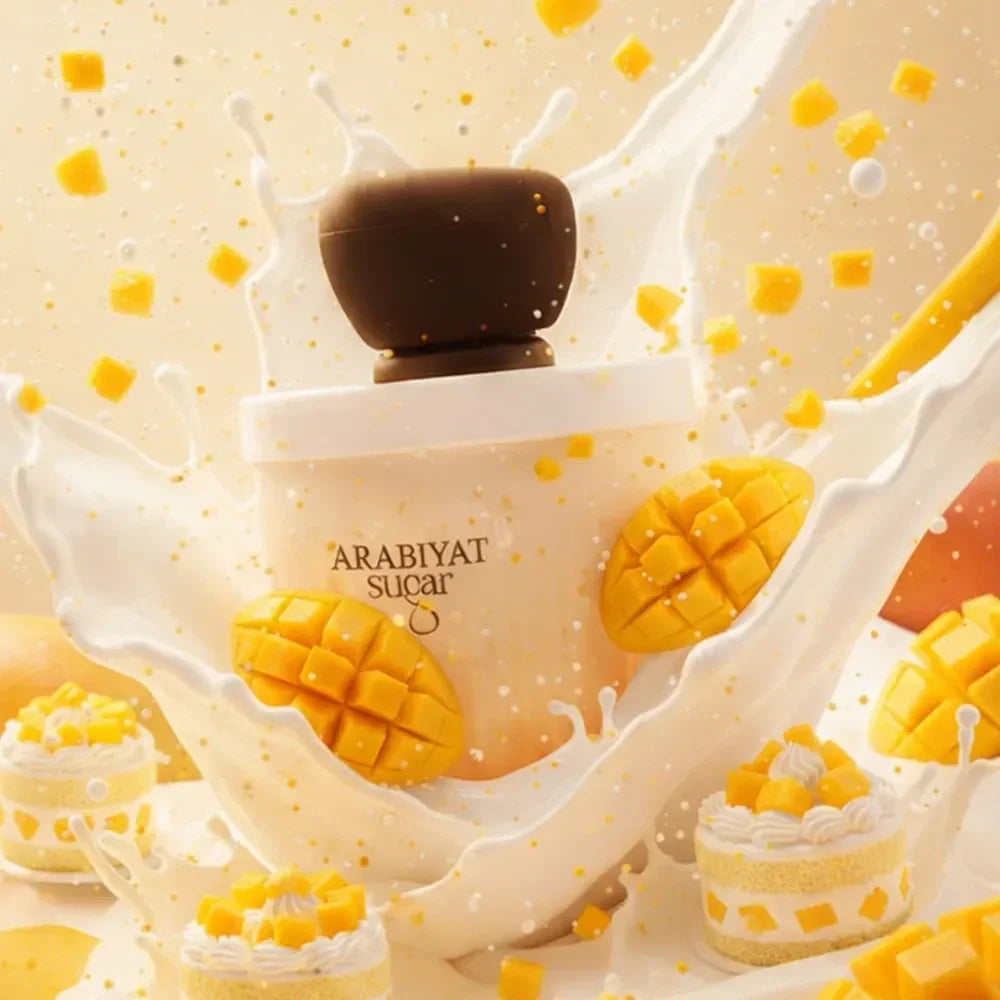 Arabiyat Sugar Parfumflakon umgeben von Mango-Stückchen, Milchspritzern und Dessertdeko