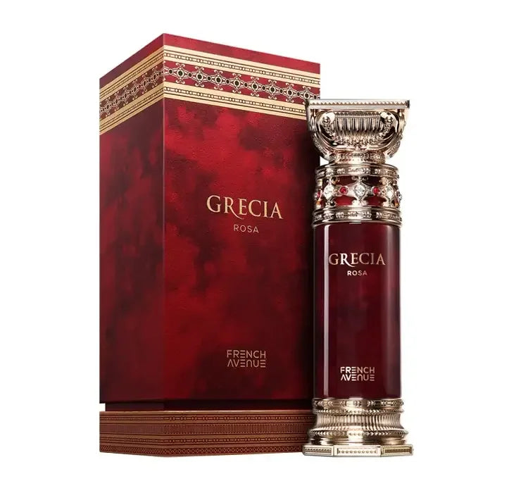 Luxusparfum Grecia Rosa in edler, verzierter Flasche vor passender Geschenkbox