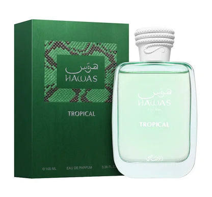Hawas Tropical Eau de Parfum Spray 100ml, eleganter Flakon vor grüner Geschenkbox