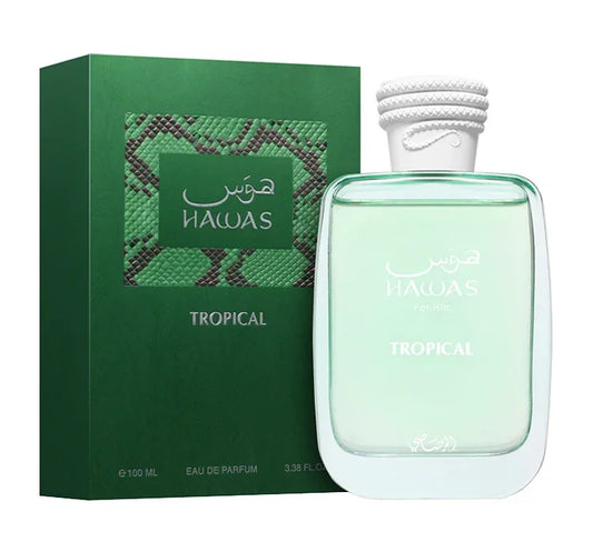 Hawas Tropical Eau de Parfum Spray 100ml, eleganter Flakon vor grüner Geschenkbox