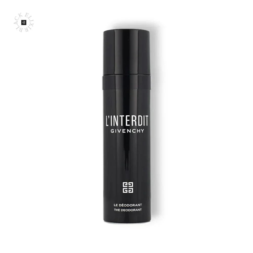 Schwarzes L’Interdit Deospray, elegante Sprühdose mit weißer Aufschrift, luxuriöses Design.