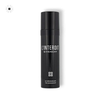 Schwarzes L’Interdit Deospray, elegante Sprühdose mit weißer Aufschrift, luxuriöses Design.