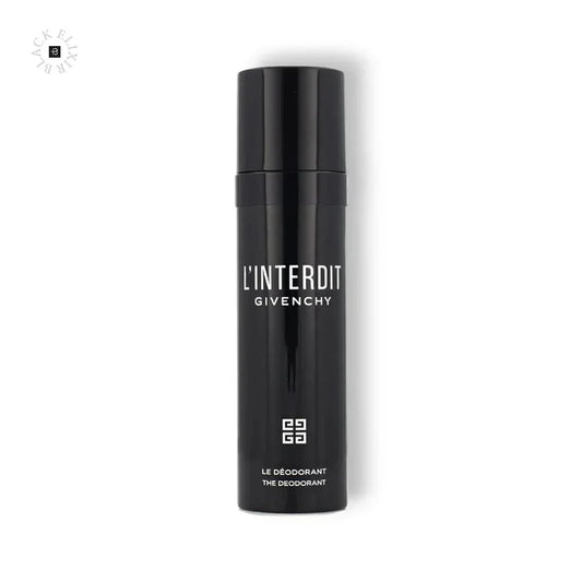 Schwarzes L’Interdit Deospray, elegante Sprühdose mit weißer Aufschrift, luxuriöses Design.