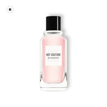 Eleganter Flakon mit rosa Eau de Toilette, Hot Couture Duft, schwarze Verschlusskappe
