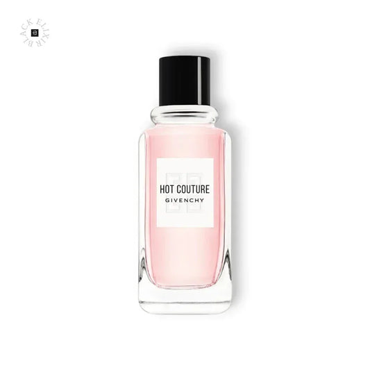 Eleganter Flakon mit rosa Eau de Toilette, Hot Couture Duft, schwarze Verschlusskappe