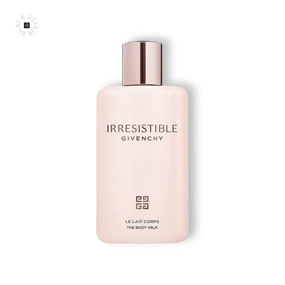 Rosa Bodylotion-Flasche mit silbernem Deckel und Aufschrift Irresistible Le Lait Corps.