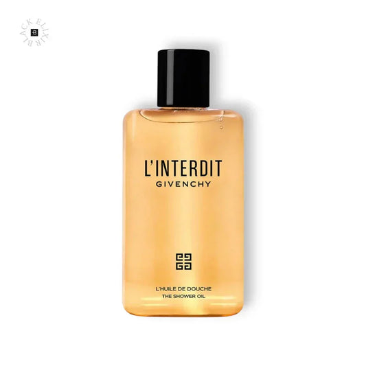 L'Interdit Duschöl Flasche transparent mit schwarzem Deckel, luxuriöse Körperpflege.