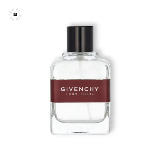 Glasflakon Herrenparfum mit schwarzem Deckel und bordeauxrotem Etikett Givenchy Pour Homme
