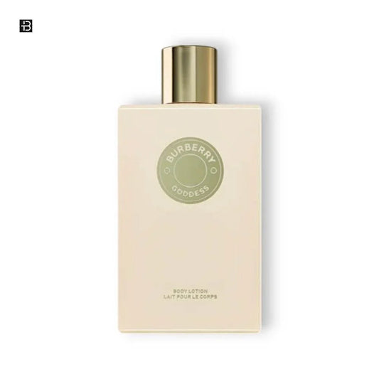 Beige Bodylotion-Flasche mit goldenem Verschluss und Burberry Goddess Logo auf weißem Hintergrund