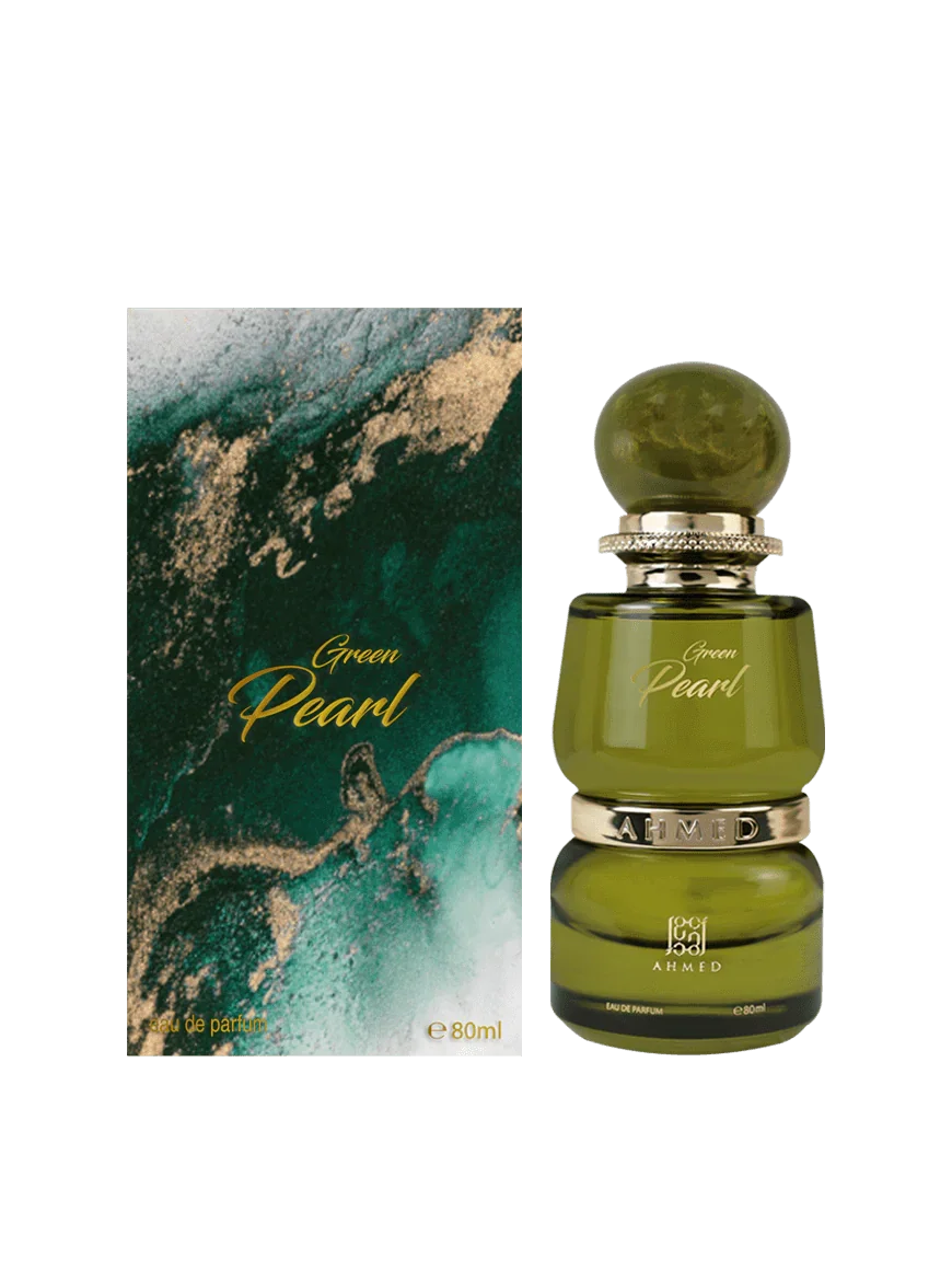 Luxus Damenparfum Green Pearl 80ml, grüner Flakon neben edler Verpackung mit goldenen Akzenten