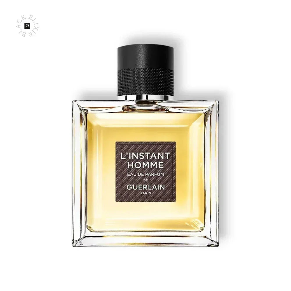 Luxuriöses Herrenparfum L'Instant Homme Eau de Parfum in eckigem Glasflakon mit schwarzem Verschluss.