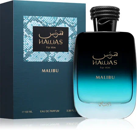 Hawas Malibu Herrenduft Eau de Parfum Flakon und Verpackung, blaues Luxusparfum