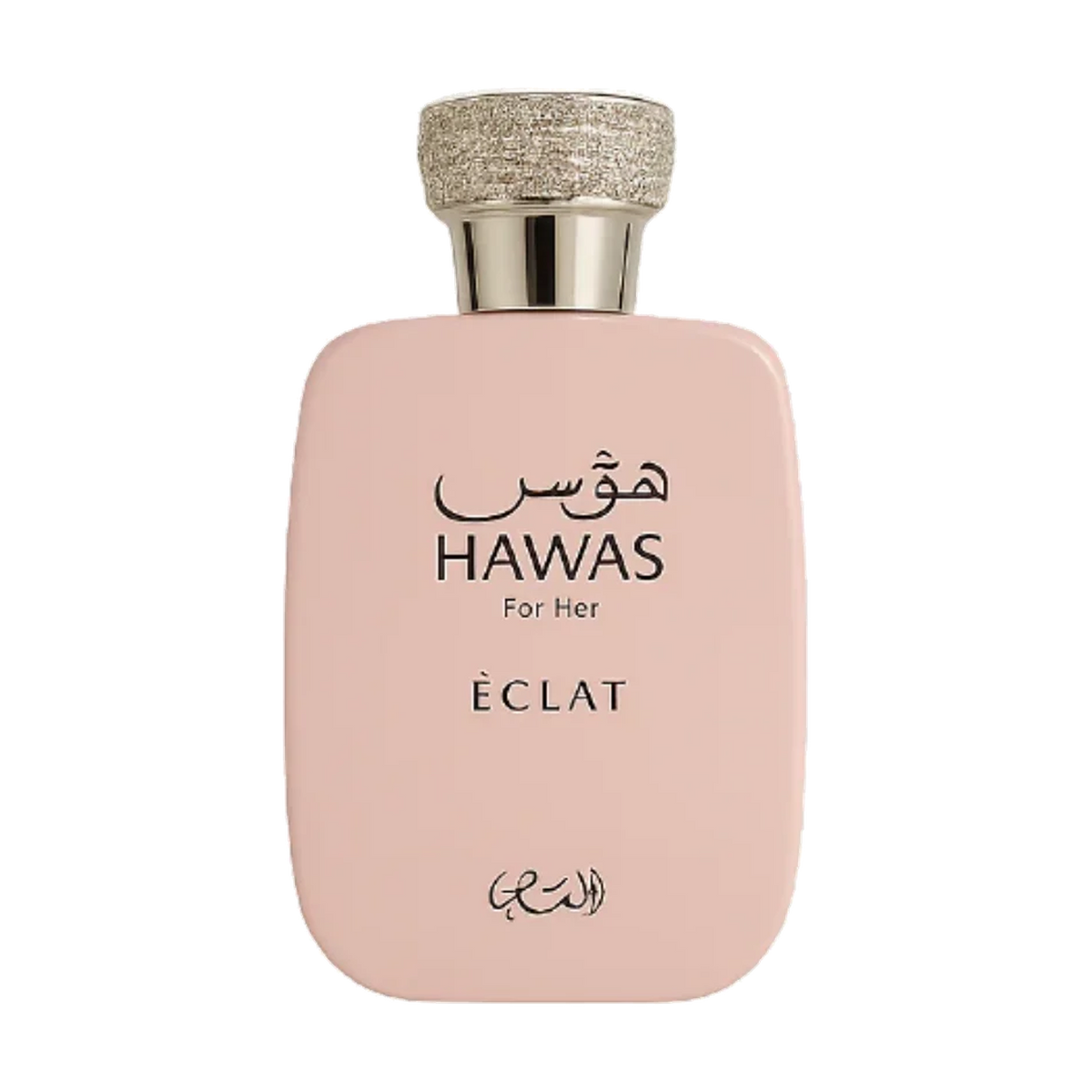 Rosa Parfumflakon von Rasasi Hawas ECLAT For Her mit glitzerndem Verschluss.