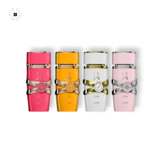 Vier Yara Parfumflakons in Pink, Gelb, Weiß und Rosa mit glänzenden Akzenten auf weißem Hintergrund.