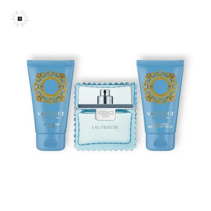 Versace Eau Fraîche Geschenkset mit After Shave Balsam, Duschgel und Eau de Toilette, hellblaue Verpackung.