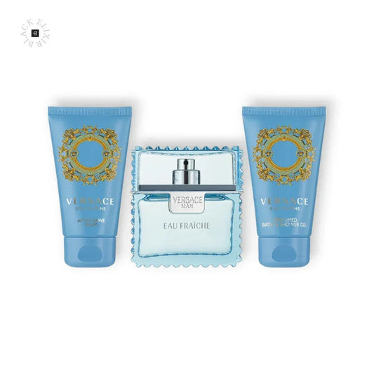 Versace Eau Fraîche Geschenkset mit After Shave Balsam, Duschgel und Eau de Toilette, hellblaue Verpackung.