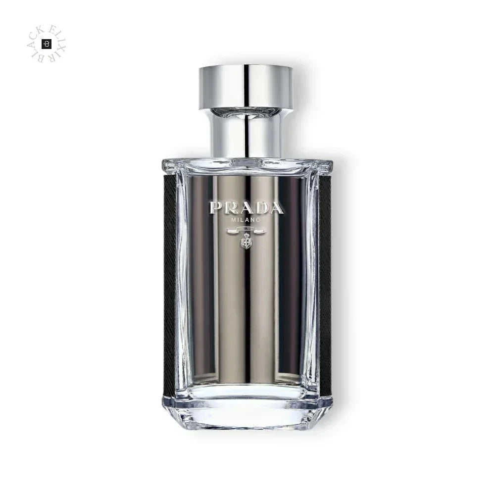 Luxuriöser Herrenduft in eleganter Glasflasche mit silbernem PRADA Schriftzug, hochwertige Parfumoptik
