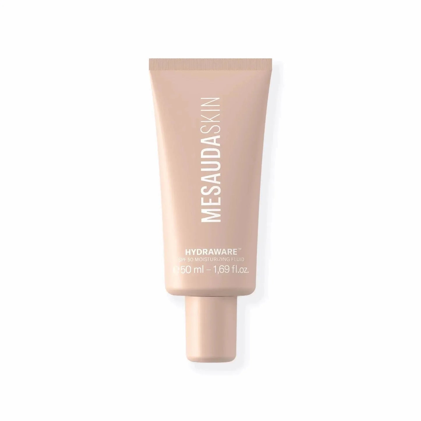 Beige Tube Mesaudaskin Hydraware SPF 50 Feuchtigkeitsfluid, 50ml, auf weißem Hintergrund