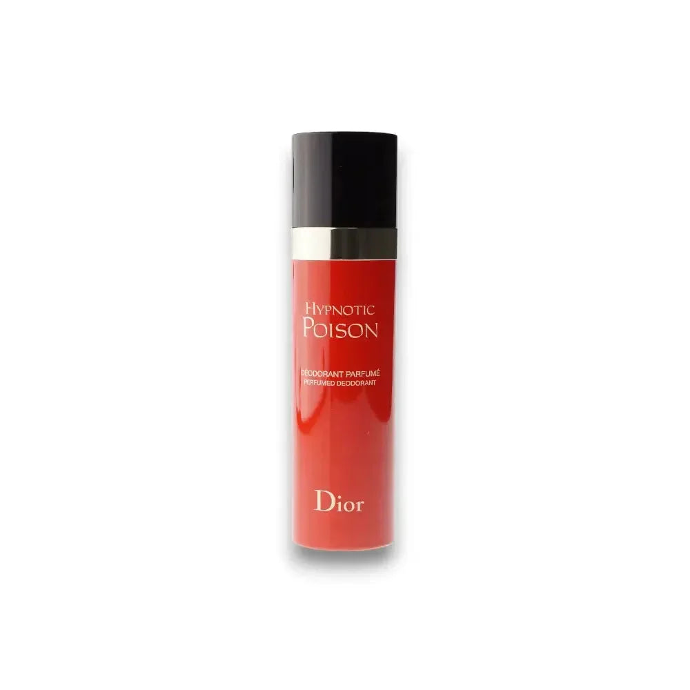 Roter Hypnotic Poison Deodorant Spray Flakon mit silbernem Verschluss auf weißem Hintergrund