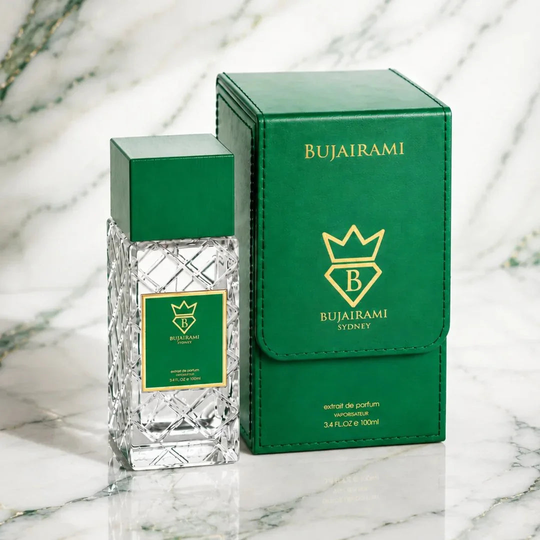 Bujairami Sydney Extrait de Parfum in grüner Verpackung auf Marmor, luxuriöser Duft für Damen & Herren