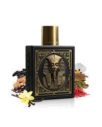 Exklusives Luxusparfum mit Pharao-Motiv, edler Duft für Damen & Herren, goldener Verschluss, umgeben von Vanille & Blüten