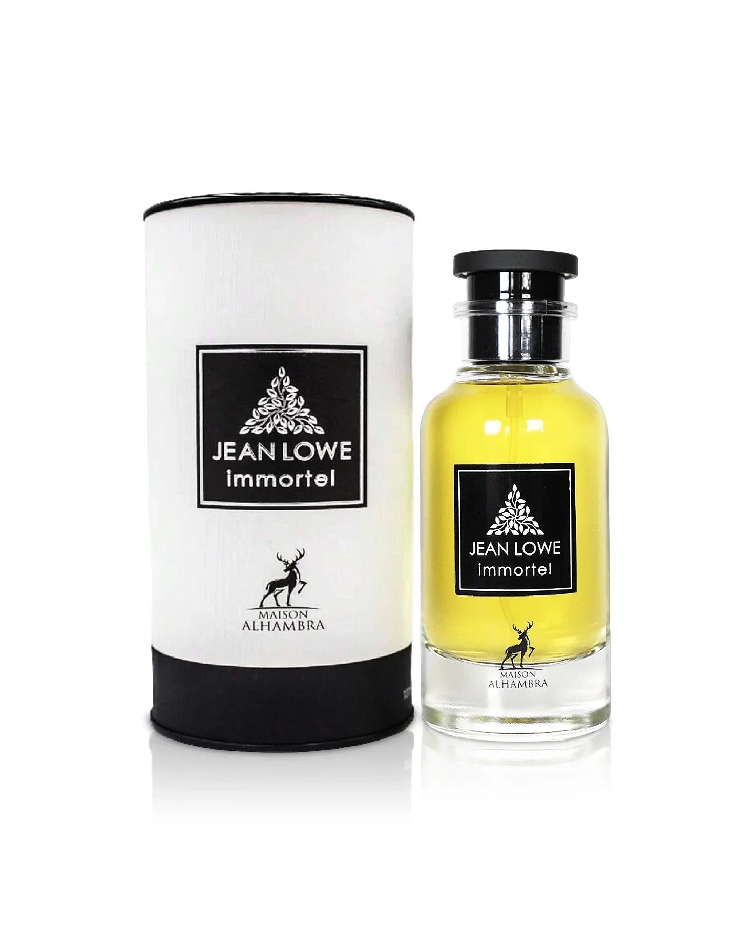 Jean Lowe Immortel Parfumflakon neben Verpackung vor weißem Hintergrund, exklusives Unisex-Parfum