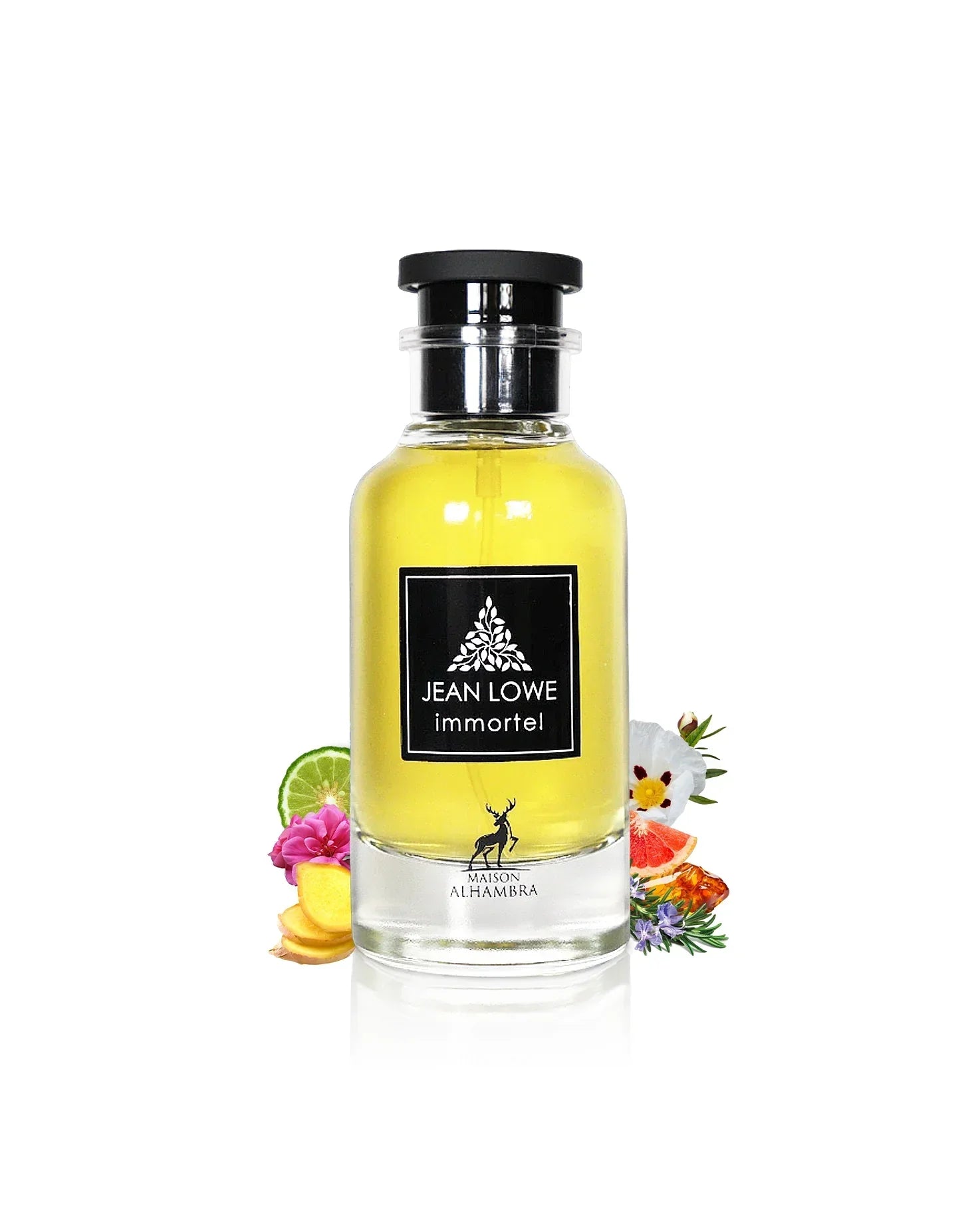 Jean Lowe Immortel Parfumflakon mit Zitrusfrüchten, Ingwer und Blüten auf weißem Hintergrund