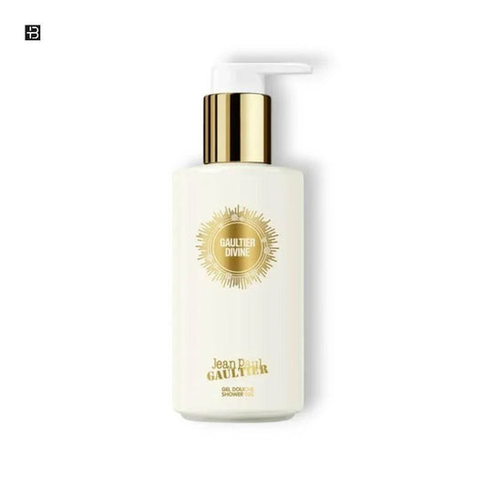 Elegantes Duschgel für Damen in weißer Flasche mit goldener Aufschrift und Pumpspender
