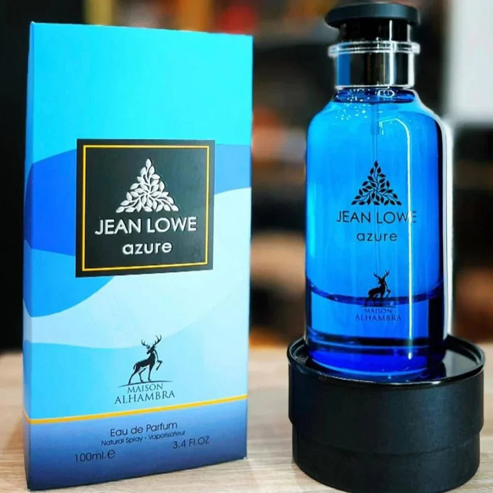 Jean Lowe Azure Eau de Parfum in blauer Glasflasche mit passender Box, luxuriöses Parfum