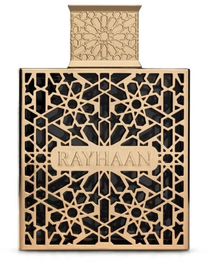 Luxuriöses Parfumflakon mit ornamentaler Goldverzierung und „Rayhaan“-Schriftzug
