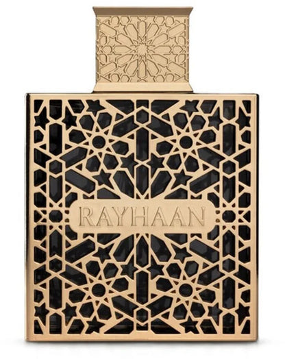 Luxuriöses Parfumflakon mit ornamentaler Goldverzierung und „Rayhaan“-Schriftzug