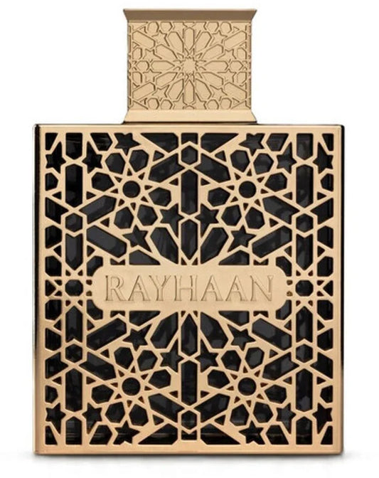 Luxuriöses Parfumflakon mit ornamentaler Goldverzierung und „Rayhaan“-Schriftzug