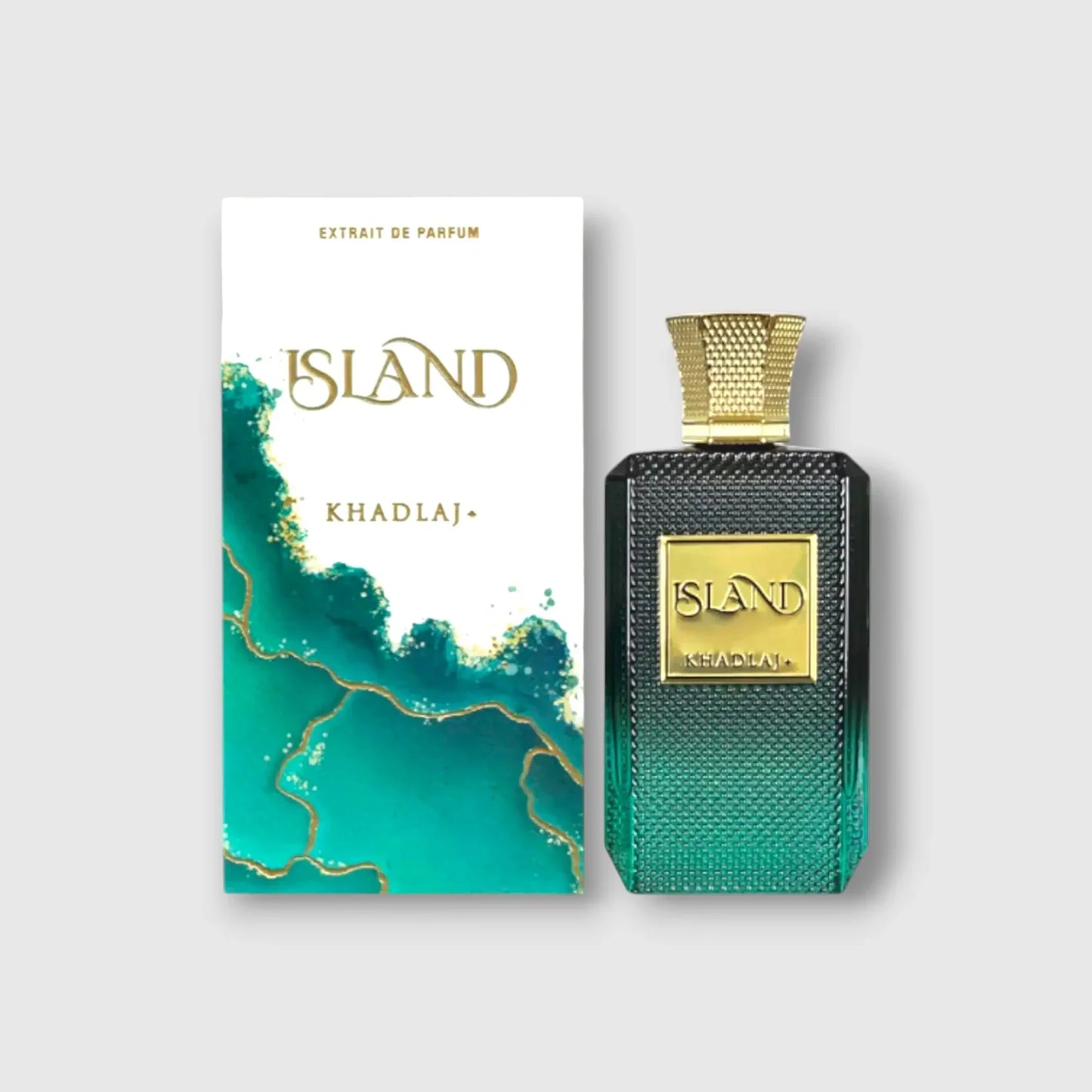 Edles Parfümflakon ISLAND Khadlaj mit gold-grünem Design und passender Verpackung