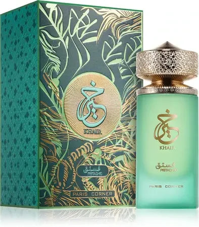 Luxusparfum Flakon und Verpackung mit orientalischem Design, grün-gold, Pistazien Duft