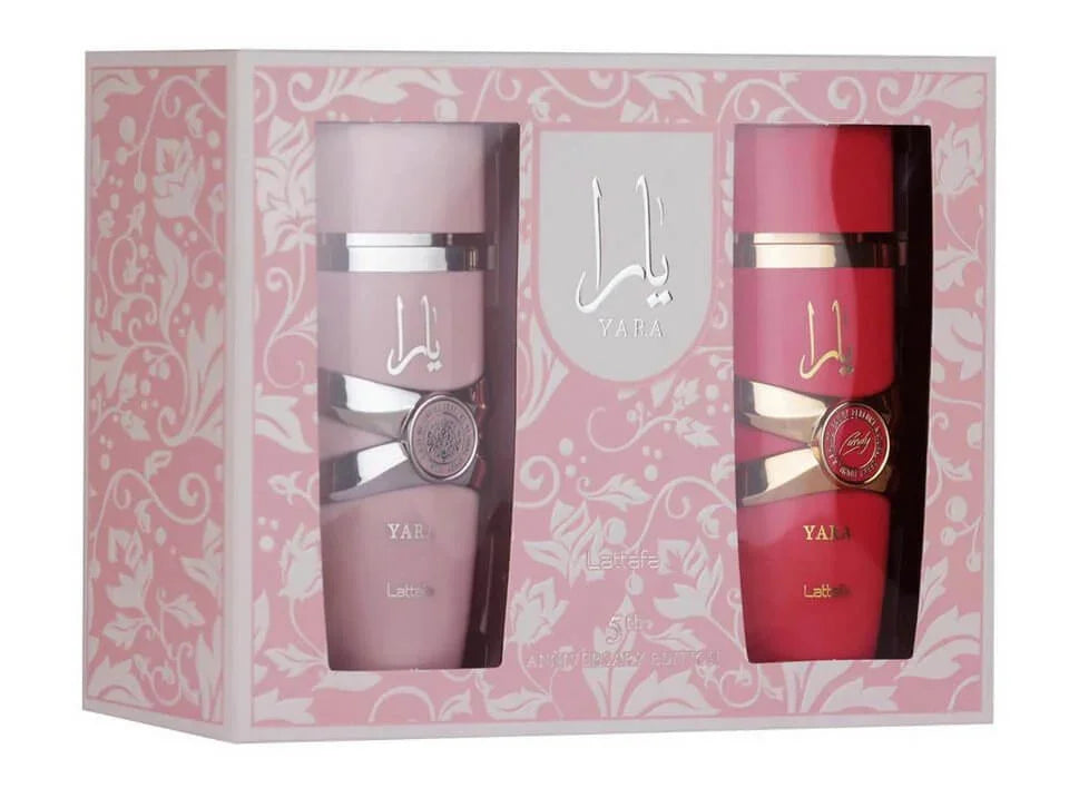 Parfüm Geschenkset mit zwei Flakons Yara, rosa und rot, in dekorativer Box