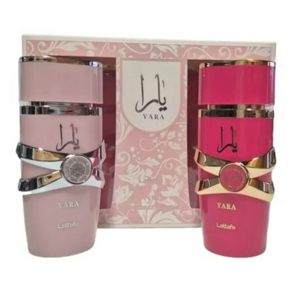 Yara Damenparfum Geschenkset, zwei Flakons in Rosa und Pink vor dekorativer Verpackung
