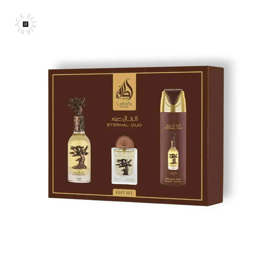 Parfüm Geschenkset Eternal Oud mit Flakon, Spray und Duschgel auf brauner Verpackung