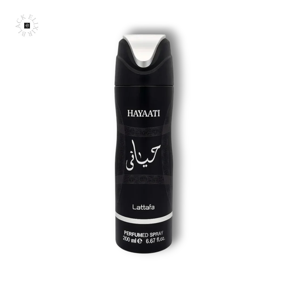 Schwarzes Lattafa Hayaati Deo Spray 200 ml, elegantes Design, luxuriöser Duft