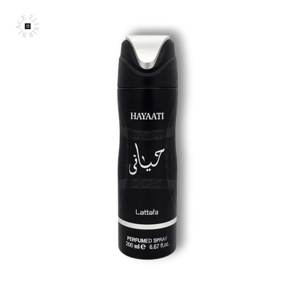 Schwarzes Lattafa Hayaati Deo Spray 200 ml, elegantes Design, luxuriöser Duft