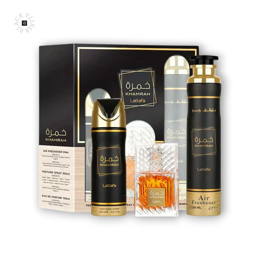 Khamrah Duftset mit Parfüm, Air Freshener und Sprays in eleganter schwarzer Verpackung