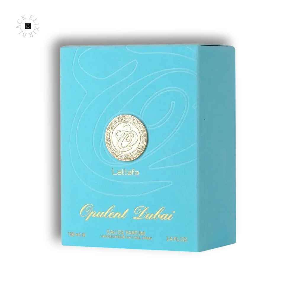 Türkise Parfumverpackung Opulent Dubai Eau de Parfum mit goldener Prägung