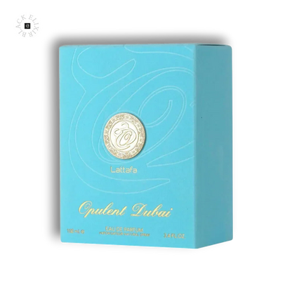 Türkise Parfumverpackung Opulent Dubai Eau de Parfum mit goldener Prägung