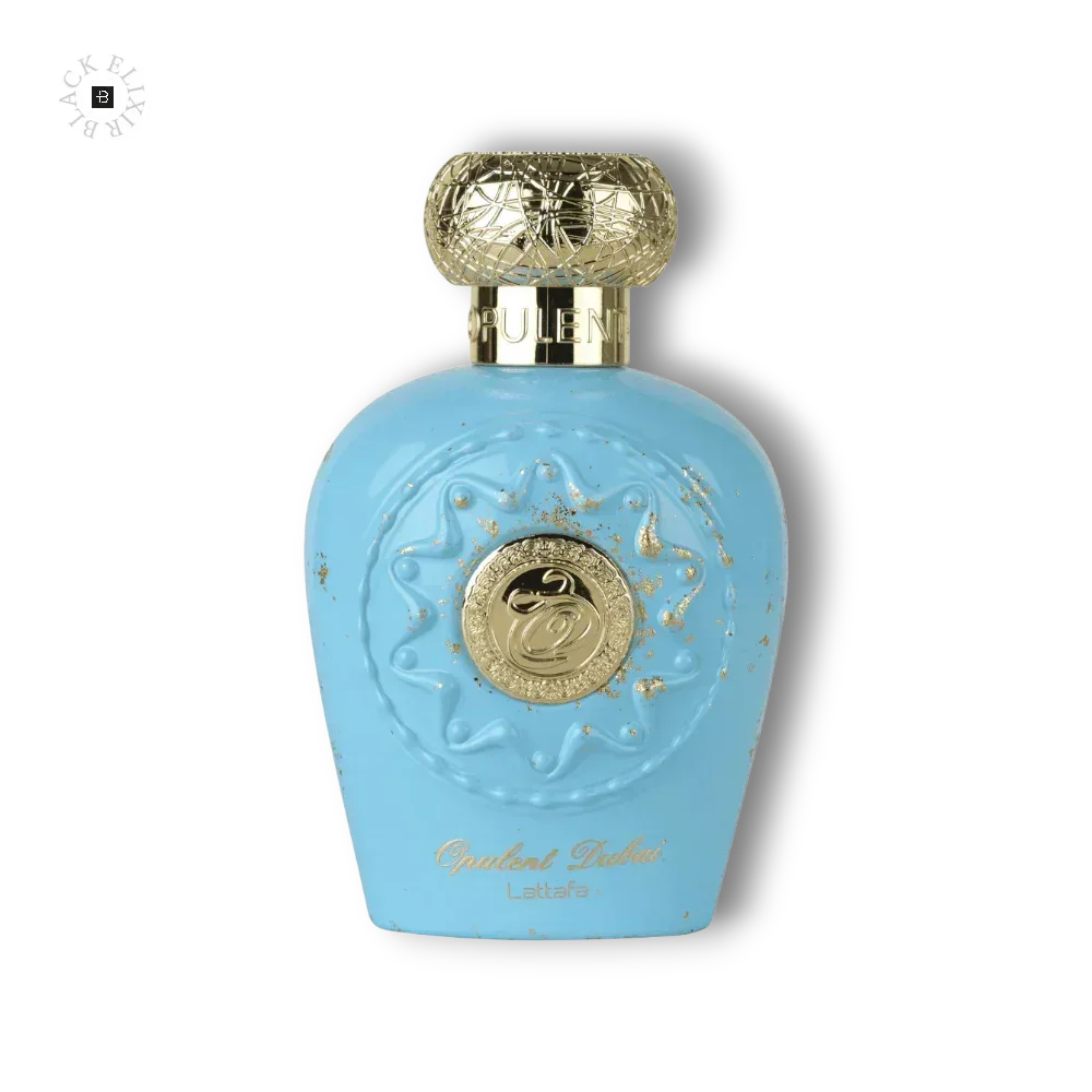 Luxus Eau de Parfum Flakon in Hellblau mit goldenen Verzierungen auf schwarzem Hintergrund