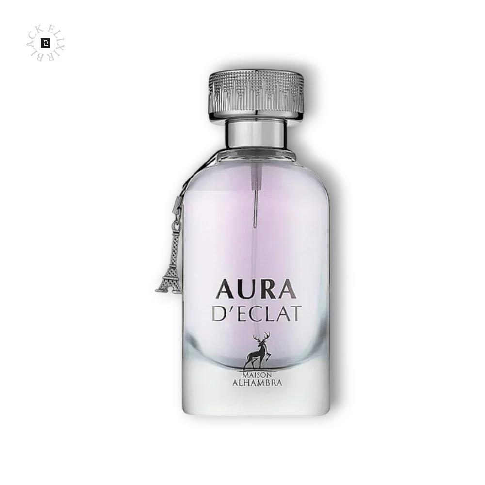 Eleganter Parfumflakon Aura D'Eclat mit silbernem Verschluss und Eiffel-Turm-Anhänger auf schwarzem Hintergrund
