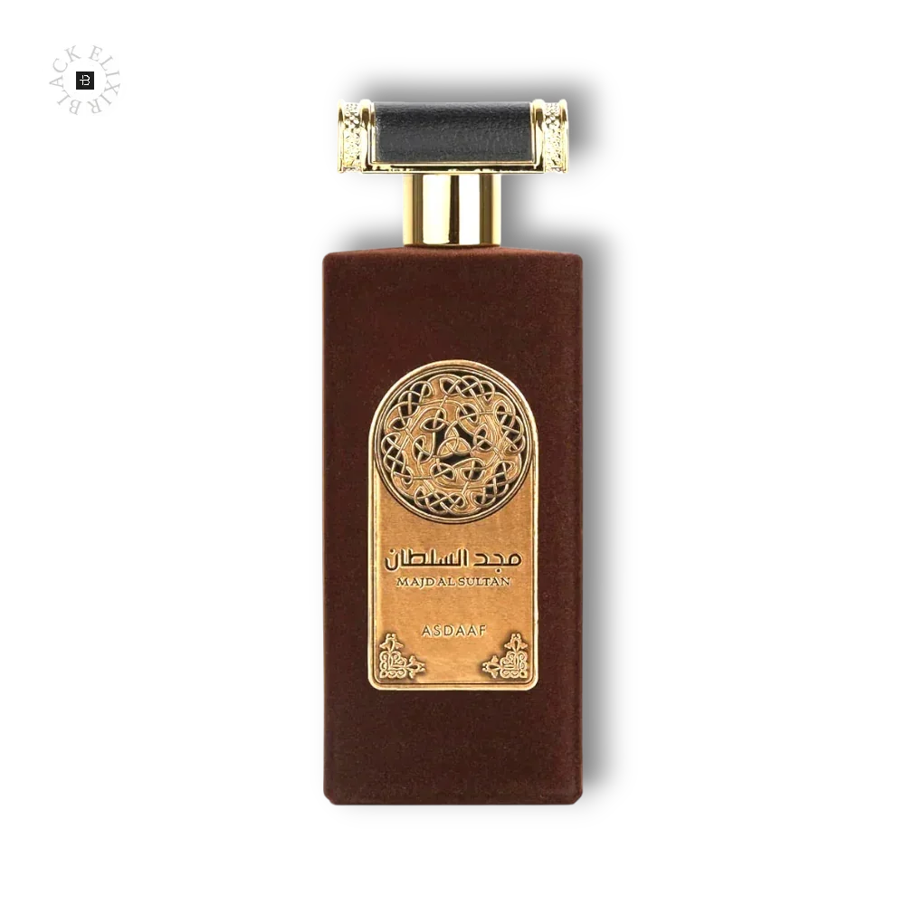 Braune Luxusparfumflasche mit goldener Verzierung auf schwarzem Hintergrund