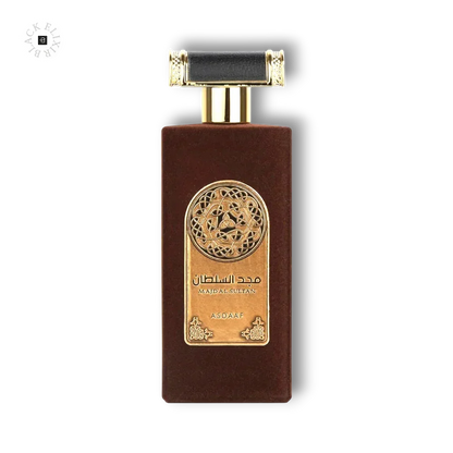 Braune Luxusparfumflasche mit goldener Verzierung auf schwarzem Hintergrund