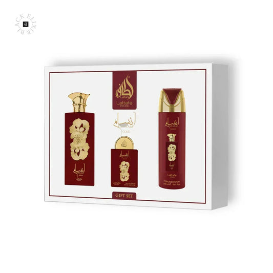 Lattafa Pride Ansam Gold Geschenkset mit Parfum und Body Spray, elegante Verpackung