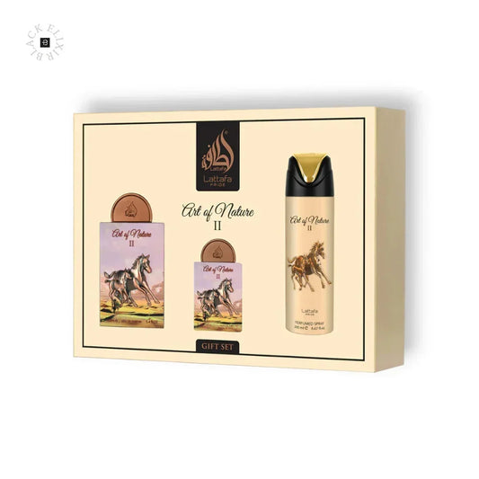 Geschenkset Parfum und Körperspray Art of Nature II mit Pferdemotiven auf cremefarbener Verpackung